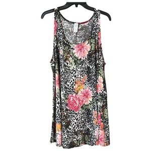 Floral Print Cheetah Tank Top Women's Stretch Scoop Neck Sleeveless Black 2XL‎